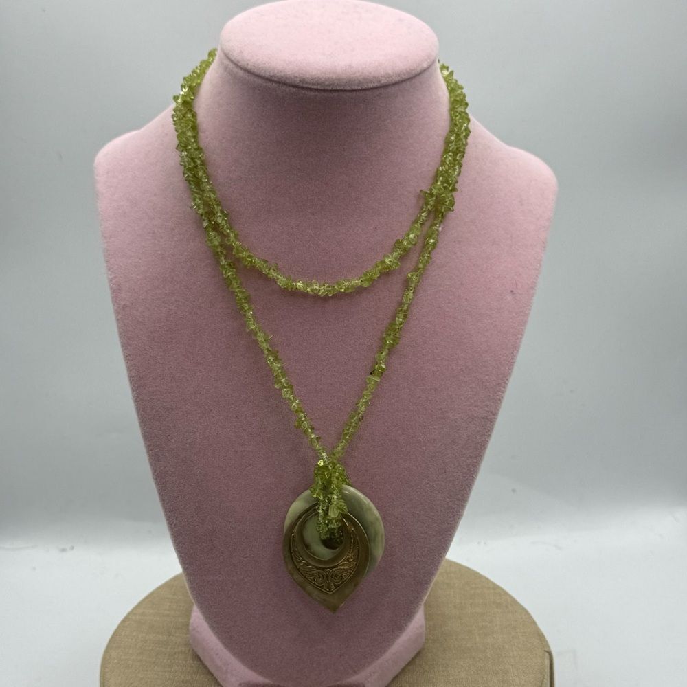 Green Peridot Chip Necklace with Gold Pendant